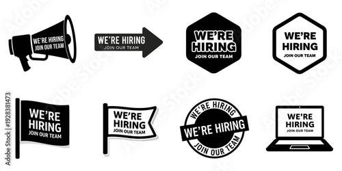 Collection of 'We're Hiring' graphics showcasing various recruitment themes on a plain white background
