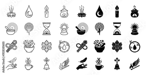 Holistic wellness and spiritual alchemy icon set featuring hybrid symbolic fusions of lotus incense crescent moon water and botanical crystals