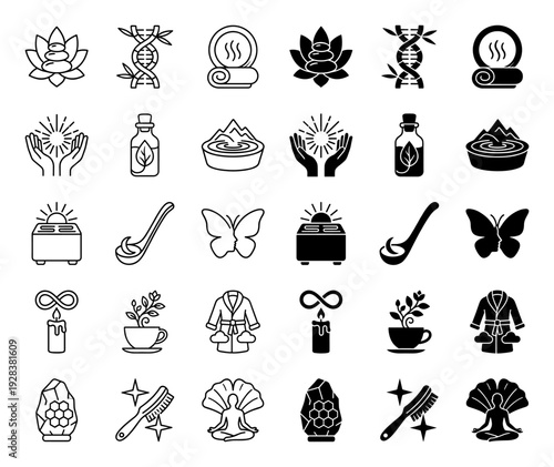 Modern wellness and holistic spa icon set featuring hybrid symbols merging nature with therapy including dna bamboo and butterfly face silhouettes