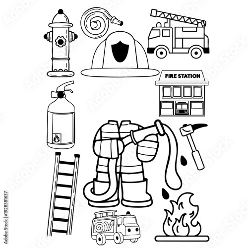 This illustration features a variety of firefighting tools and equipment, including a fire truck, helmet, boots, hose, fire extinguisher, and more. The simple black and white line drawing is perfect 