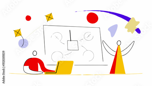 Business strategy and planning icon set. Includes business, planning, strategy, marketing, teamwork, and productivity symbols. Created in colorful flat style with red, yellow, and blue palette.