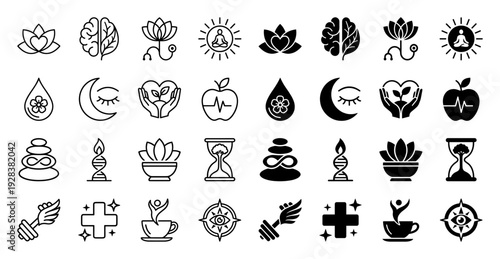 Holistic Wellness and Healthcare Icon Set Featuring Hybrid Symbols Merging Nature with Medical Elements in Minimalist Outline and Solid Styles