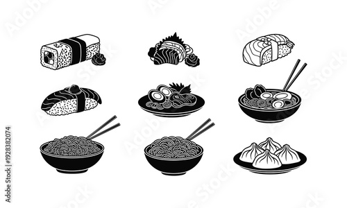 Black and white illustration of various japanese food items arranged neatly