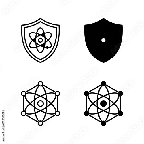 Collection of hybrid shield and atom icons combining nuclear energy symbols with protective security emblems and hexagonal molecular structure designs