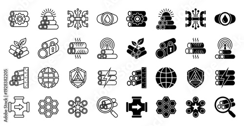 Industrial pipe and plumbing hybrid icon set featuring integrated symbols for energy water filtration global logistics and smart manufacturing systems