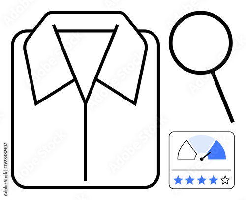 Quality control concept. Evaluation of clothing quality with a shirt, magnifying glass, and rating system. Quality control improves standards and consumer satisfaction. Ideal for garment production