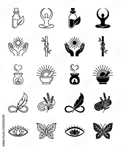 Wellness and holistic therapy icon set featuring hybrid symbols combining nature elements with spiritual yoga meditation and apothecary healing imagery