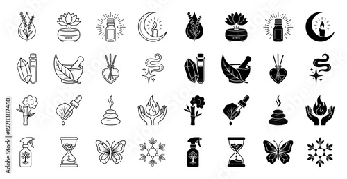 Wellness and holistic therapy hybrid icon set featuring ethereal symbols like lavender droplets lotus diffusers and moonlit candles in outline and solid styles