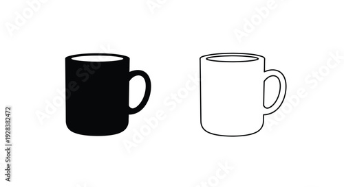 Two coffee mugs one filled and one outlined in stark contrast silhouette