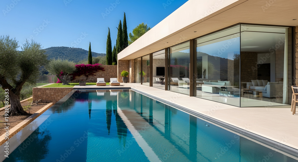 Fototapeta premium A luxury tropical resort villa features a shimmering swimming pool surrounded by palm trees and modern architecture under a clear summer sky at night