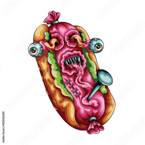 Horror Hotdog Monster with Eyeballs and Sharp Teeth, Creepy Food Character Vector Design. Creepy Cartoon Hotdog Monster Vector Design for T-shirt and Stickers.