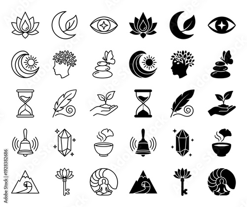 Collection of minimalist hybrid wellness icons featuring spiritual symbols merged with organic nature elements in both outline and solid black styles