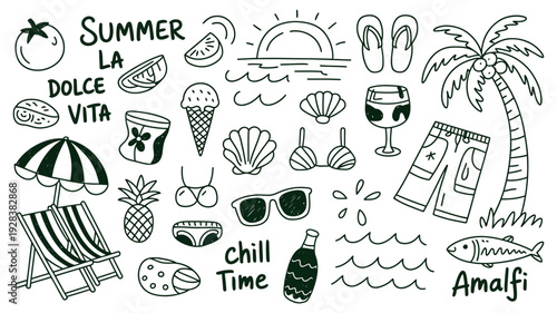 hand drawn vector icons with summer beach design elements, holiday vacation illustration set for travel and tourism promotion, sun sand sea palm tree symbols, leisure summer fun concept isolated on wh