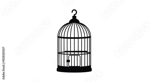 A black birdcage illustration with ornate detailing a striking silhouette