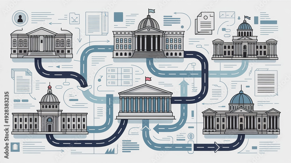 Obraz premium Civic Pathways: An illustrative depiction showcases the interconnectedness of architectural landmarks. Symbols of governance are interwoven with intricate pathways.