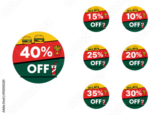 Assorted discount stickers with varying percentage offers displayed prominently on a clean background