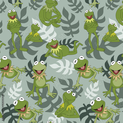 Illustration of a seamless design with frogs at the pond on a white background
