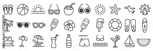 hand drawn summer symbols doodle set, holiday vacation beach sun sea icons collection for travel and leisure illustration, tropical fun elements, seasonal summer design isolated on white background.