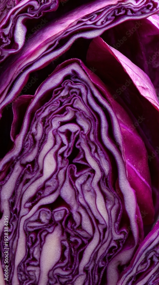 Fototapeta premium Fresh Red Cabbage Sliced – Macro Texture Close-Up