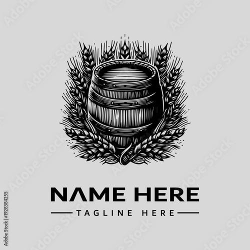 A vintage-style woodcut illustration of a barrel surrounded by wheat and flames with a placeholder for a logo or name in a dramatic, monochromatic design.