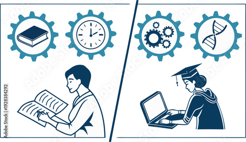 Infographic illustration of education and learning concepts with gear icons and symbols