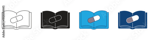 Pill Book icon set. Open book with pills, symbolizing medical education, pharmaceutical guide sign isolated on white background. Vector illustration.