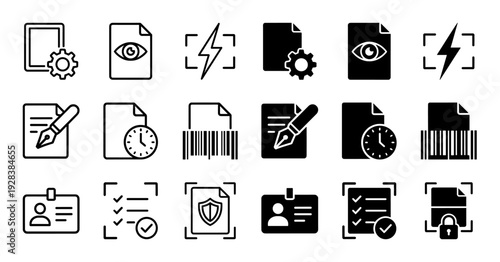 Professional document management and verification icon set featuring hybrid symbols for security scanning data processing and administrative workflow