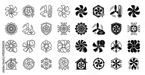 Collection of industrial cooling fan icons featuring hybrid symbols for ventilation systems air conditioning climate control and thermal regulation