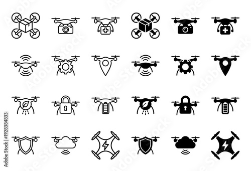 Professional drone icon set featuring hybrid symbols for delivery medical imaging agriculture security and cloud connectivity in outline and solid styles