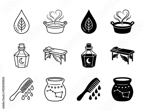 Mystical wellness hybrid icon set combining celestial symbols with spa therapy elements like massage tables with wings and constellation pottery