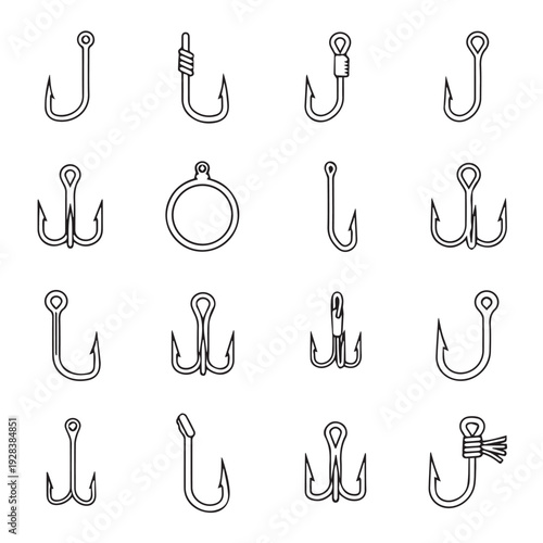 Collection of Fishing Hooks and Lures Line Drawing Icons Isolated on White