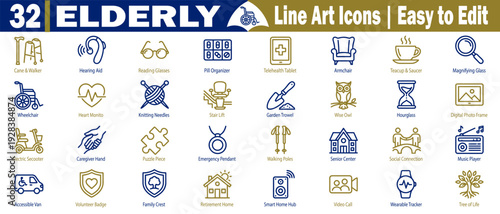 Elderly care line art icons set. Showing medical equipment, mobility aids, senior lifestyle items, and healthcare support for nursing homes and geriatric service vector illustration.