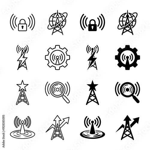 Professional telecommunication tower icon set featuring hybrid symbols of signal masts merged with lock globe gear star magnifying glass and arrow