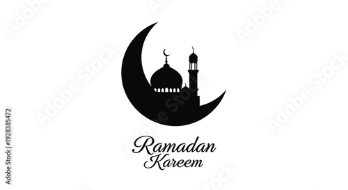 Ramadan kareem greeting with a crescent moon and mosque silhouette