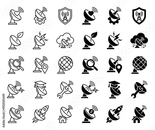 Hybrid satellite dish icon set merging telecommunication with conceptual symbols like heart leaf gear shield rocket and house in outline and solid style