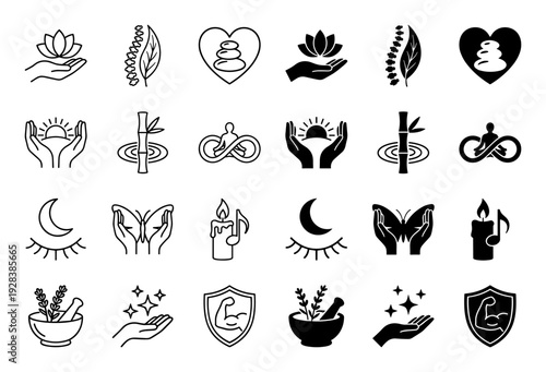 Holistic wellness icon set featuring hybrid symbols combining yoga meditation lotus flowers spinal health and natural healing elements in linear and solid styles