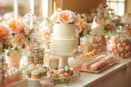 Wallpaper Mural Romantic bridal shower sweet display featuring cupcakes, macarons and tiered cake Torontodigital.ca