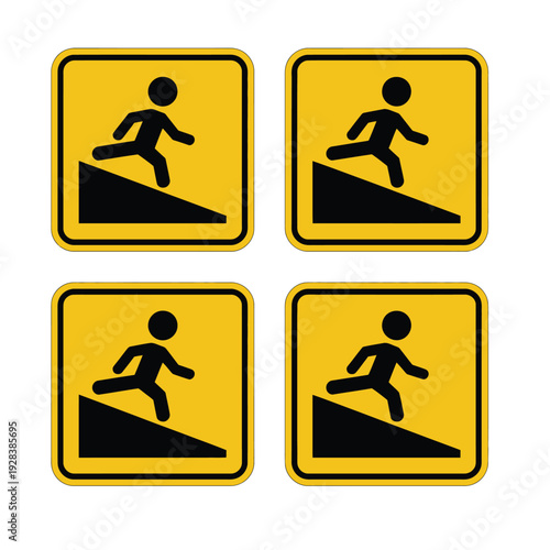 Four yellow square warning signs depicting a stick figure running down a steep black slope, indicating caution for downhill movement.