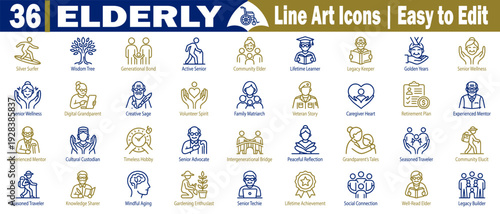 Elderly people line art icons set. Illustrating senior activities, community engagement, family bonds, and lifetime learning for geriatric care and social work vector illustration.