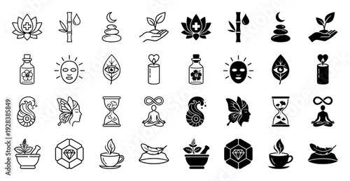 Wellness and holistic healing icon set featuring hybrid symbols like a lotus with cross medical bamboo water drop and butterfly woman profile