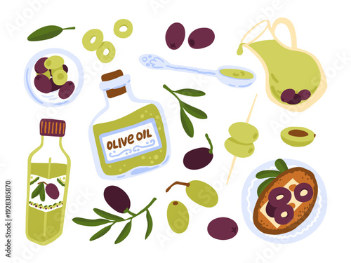 Olive branches, ripe fruits, oil jug and bottle, ready to eat slices. Cute vector illustration set. Healthy food print. Mediterranean organic natural product.