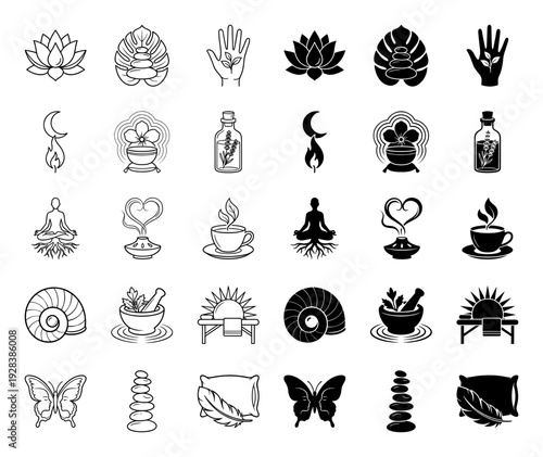 Wellness and Holistic Therapy Icon Set Featuring Hybrid Concepts Like Meditating Figure With Roots and Butterfly With Profiles in Outline and Solid Styles