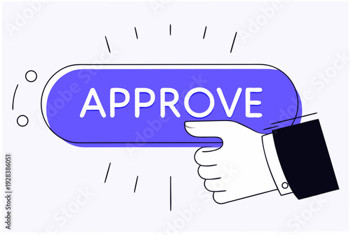 Human hand pressing the purple approve button. Concept of human-in-the-loop, AI agent approval process, acceptance. Vector illustration for app, web design