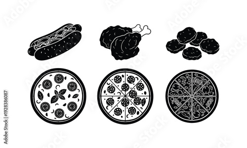 Black and white illustration of fast food items pizza hotdog and chicken