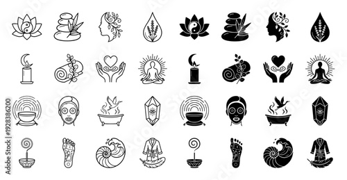 Wellness and holistic therapy icon set featuring hybrid symbols like yin yang lotus zen stone bamboo and spiritual meditation silhouettes in outline and solid style
