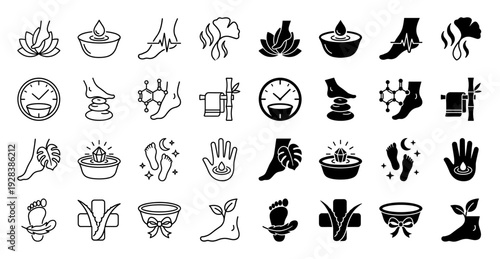 Professional podiatry and foot spa icons featuring hybrid symbols of medicinal plants therapy stones and aquatic elements for holistic wellness