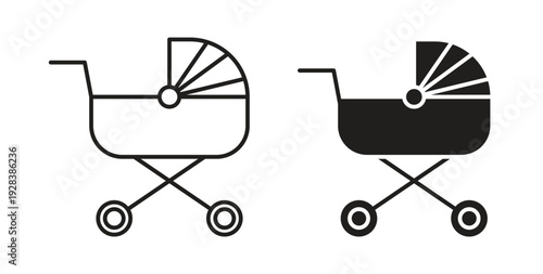 Baby carriage icon style design pack on white background. Thin line and clipart style