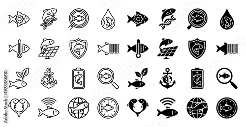 Hybrid aquatic life icons merging fish silhouettes with industrial and scientific symbols like gear dna helix solar panel and battery cell