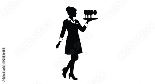 Elegant flight attendant carrying glasses a striking black silhouette