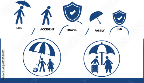 Blue icons and graphics representing various types of insurance coverage